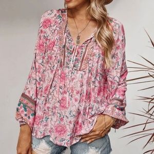 Bohemian Gypsy Pink Floral Print Blouse Top Cottagecore